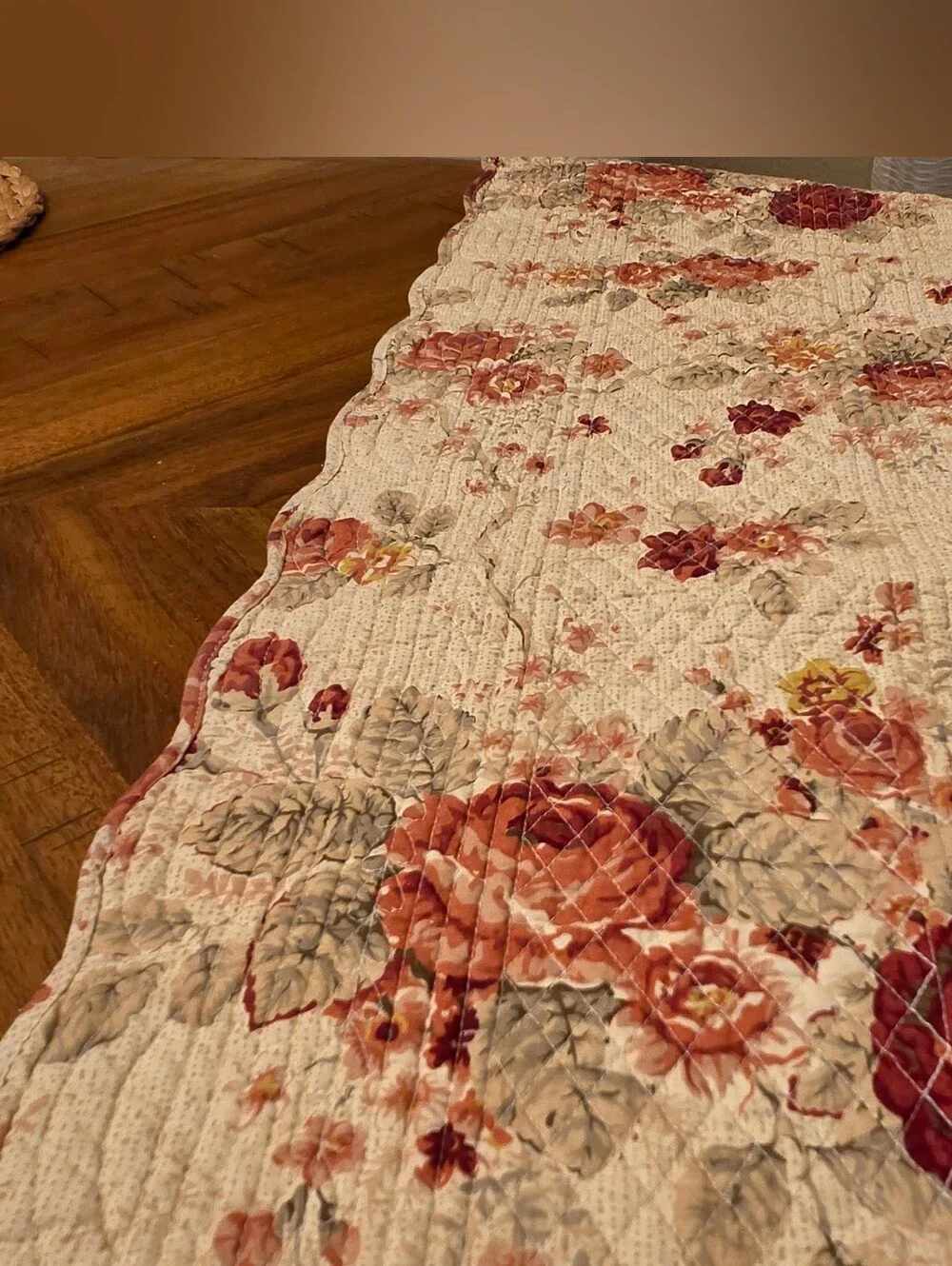 Quilted Rose Floral Table Runner 70” Cottagecore Shabby Chic Grandmacore